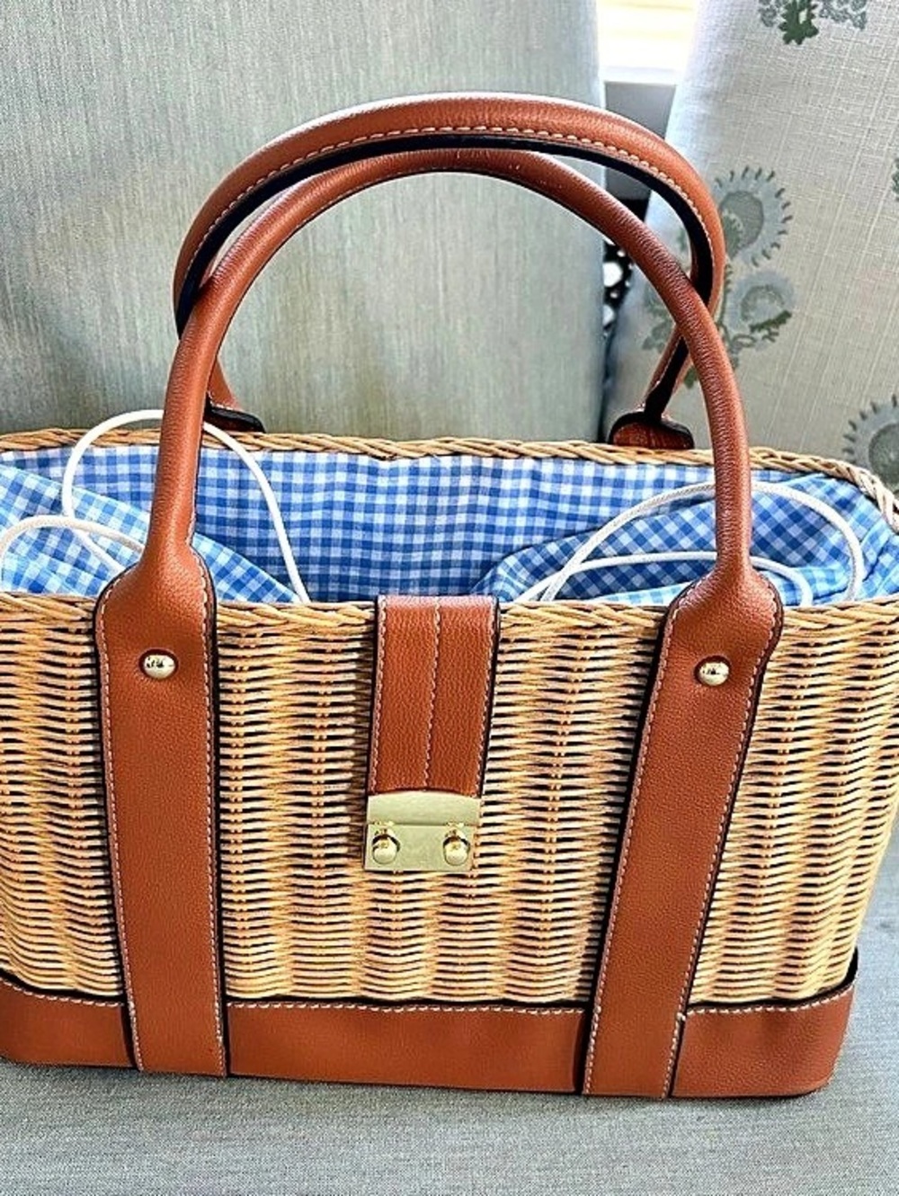 Woven Gingham Tote in Brown & Blue Like New